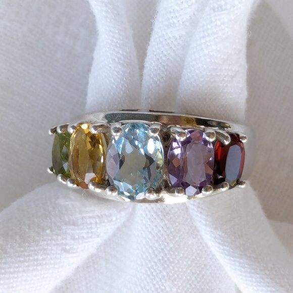 Sterling Sz 8 Multi Gemstone Cocktail Ring - Picture 4 of 12
